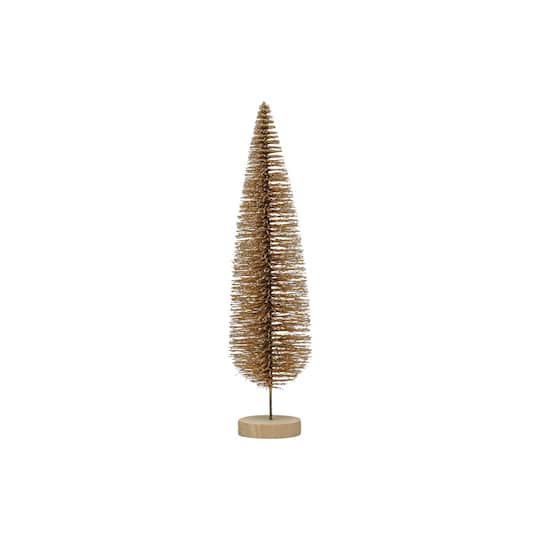 13&#x22; Gold Glitter Plastic Bottle Brush Tree with Wood Base
